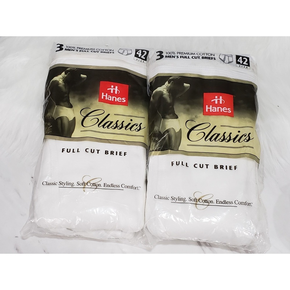 Vintage Hanes Classics 3 Pkg Full Cut Briefs Size 42 100% Cotton White 1998 NEW